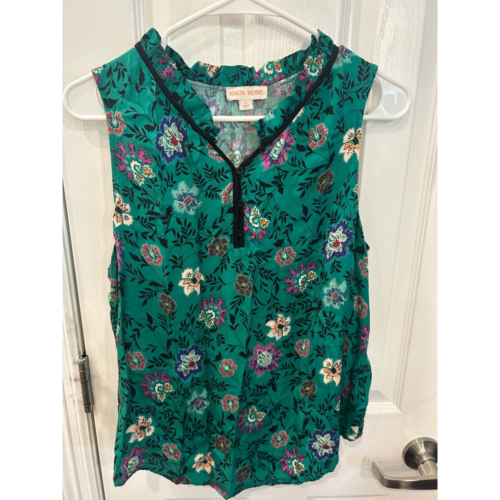 Knox Rose Sleeveless Blouse Green Floral Ruffle Henley Boho‎ Rayon Tank Top